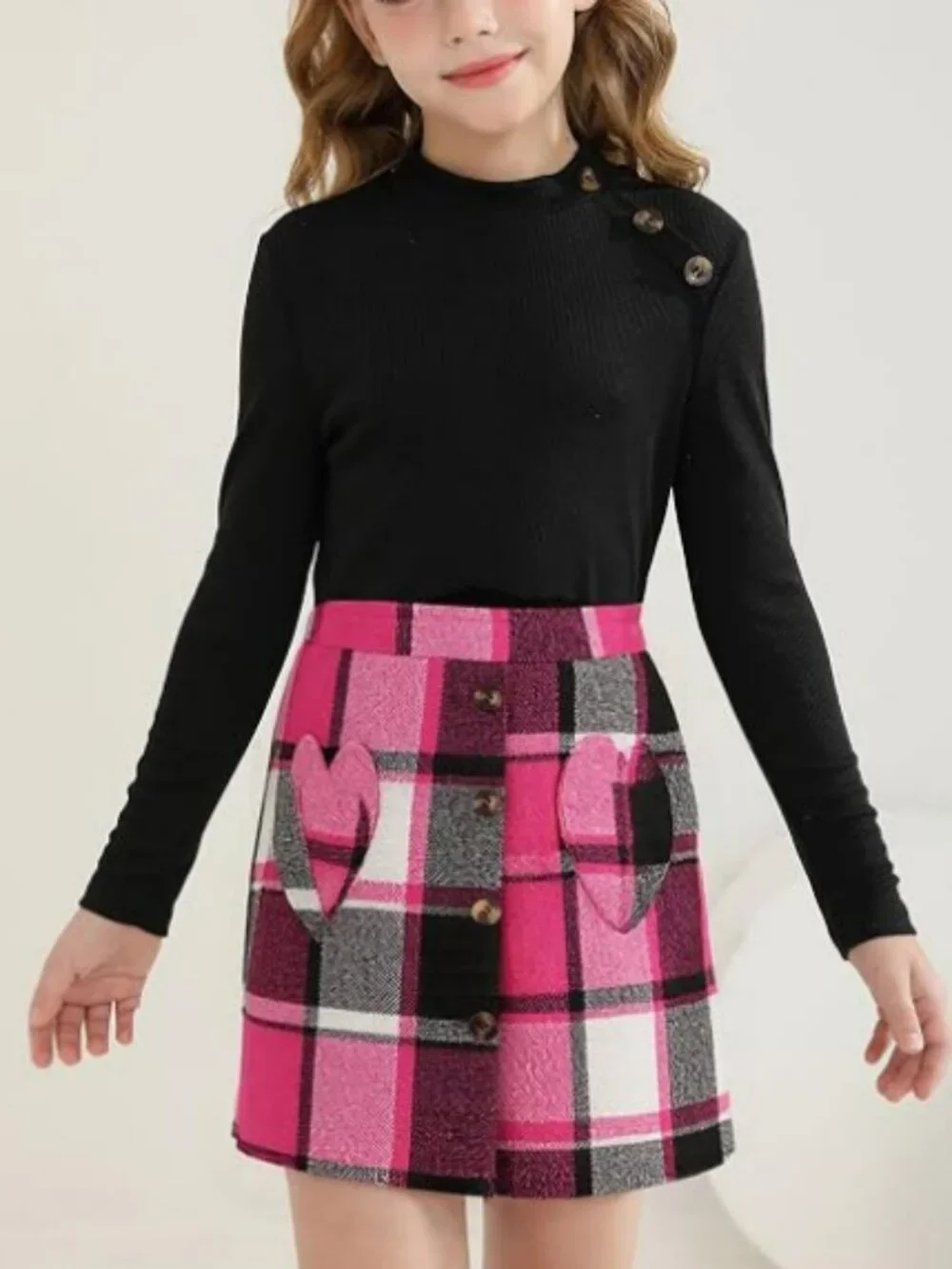 Girls Plaid Skirt Set Size 8Y Black Ribbed Top Pink Plaid Outfit